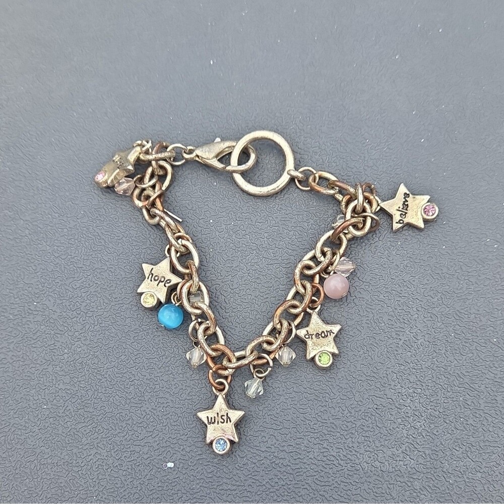 Bronze Tone Star Charm Chain Bracelet w/ Multicolor Dangle Charms, Lobster Clasp
